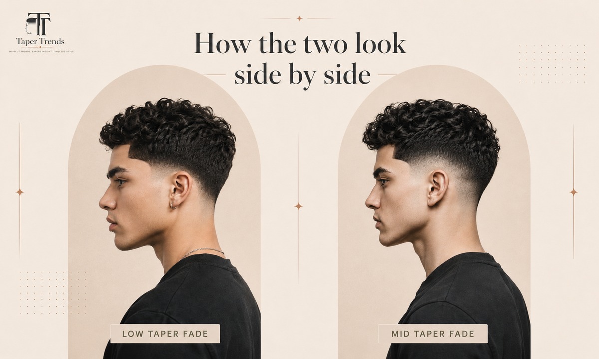 A low taper fade and a mid taper fade shown side by side, highlighting the difference in fade height along the temple, neckline, and back.