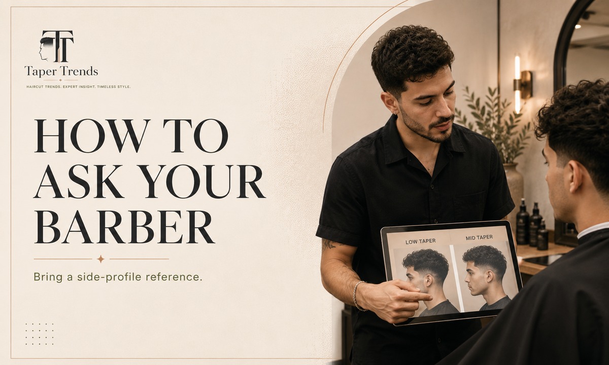 A barber blending the sides, illustrating how to ask for a low taper fade or a mid taper fade with a reference photo.