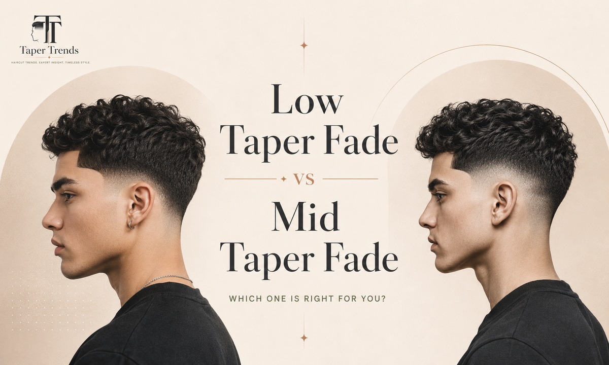 Low taper fade vs mid taper fade — two haircuts side by side, one with the blend low near the ears and one with the blend climbing toward the temple.