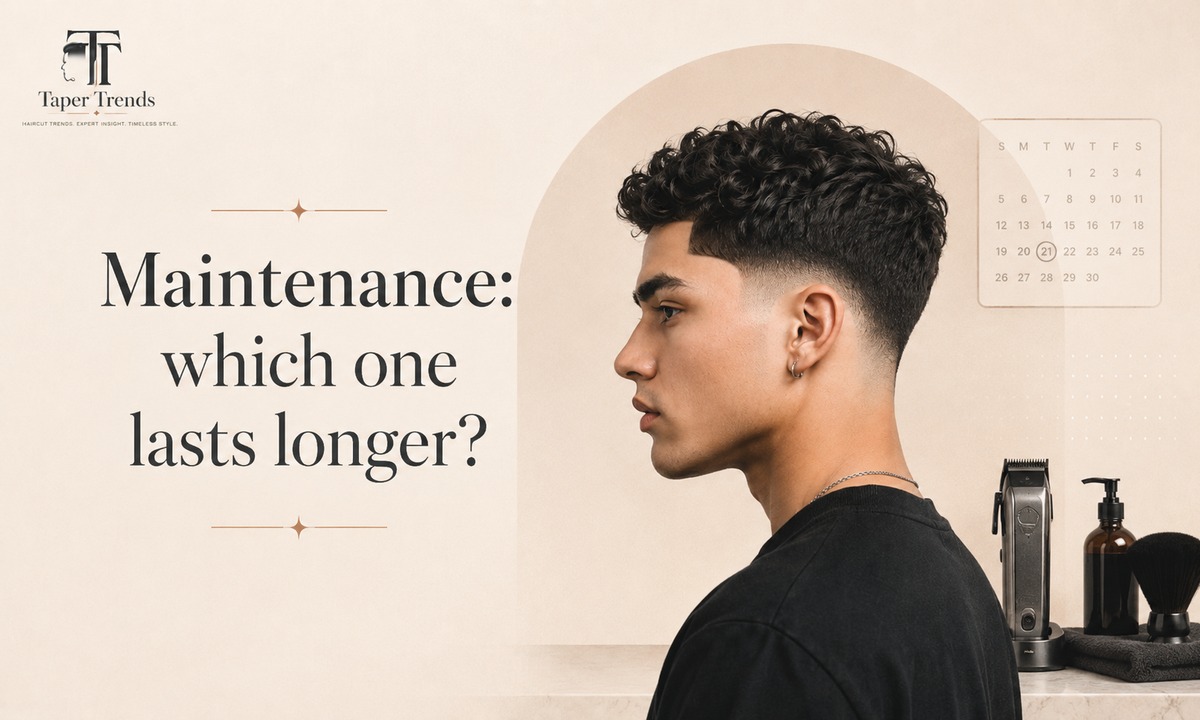 Maintenance comparison showing how a low taper fade grows out neatly while a mid taper fade shows regrowth faster.