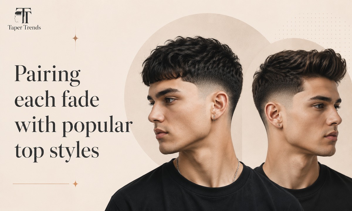 Pairing a low taper fade or mid taper fade with popular top styles — textured crop, fringe, buzz cut, and a beard.