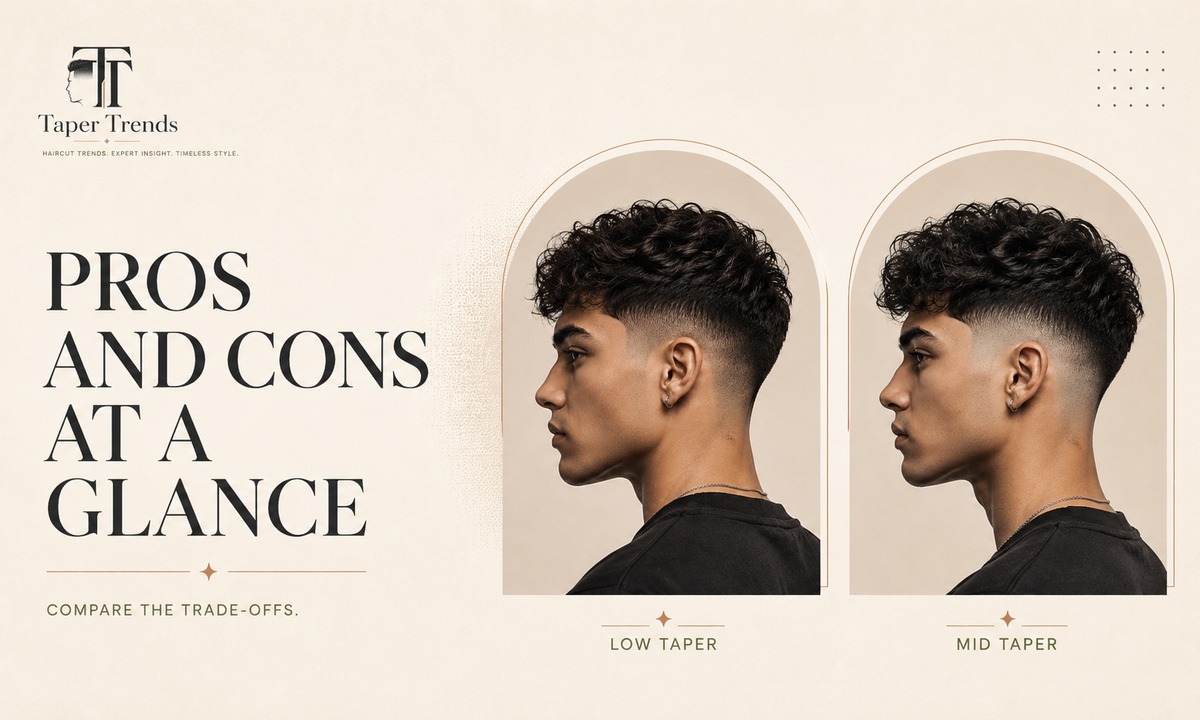 Pros and cons of a low taper fade versus a mid taper fade shown at a glance.