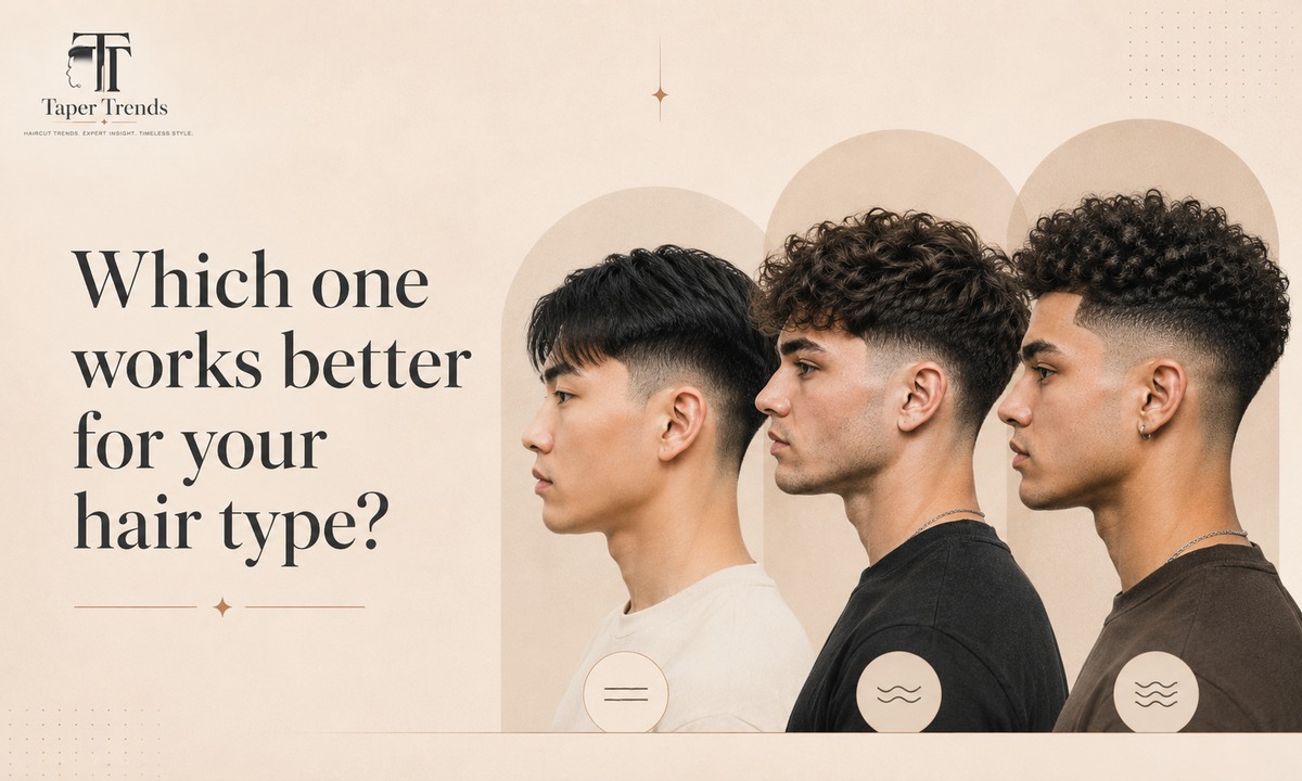 Choosing between a low taper fade and a mid taper fade based on straight, wavy, curly, thick, and coily hair types.