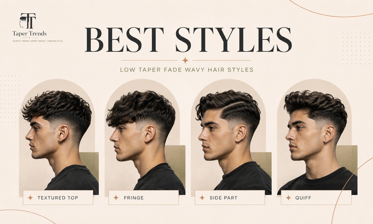 Best low taper fade wavy hair styles — a textured wavy top, a wavy fringe, messy waves, a side part, and a wavy quiff over low-faded sides.