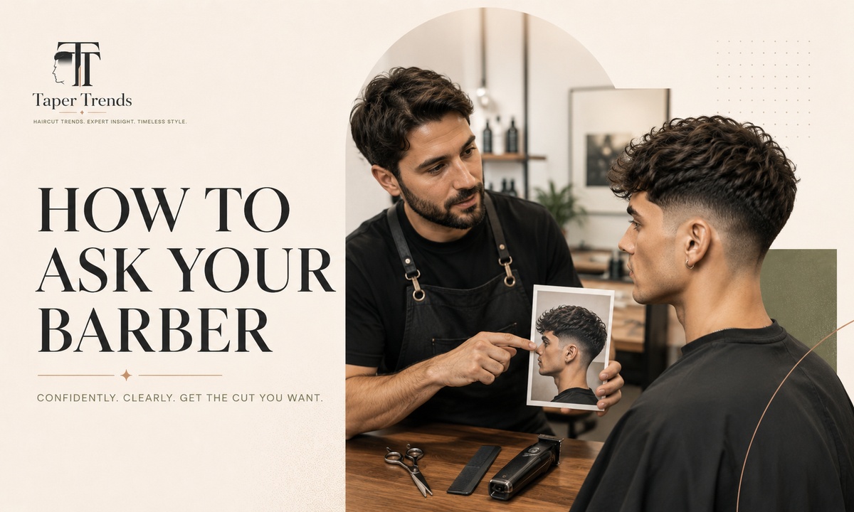 A barber giving a low taper fade on wavy hair, keeping the fade low near the ears and neckline while leaving length and texture on top.