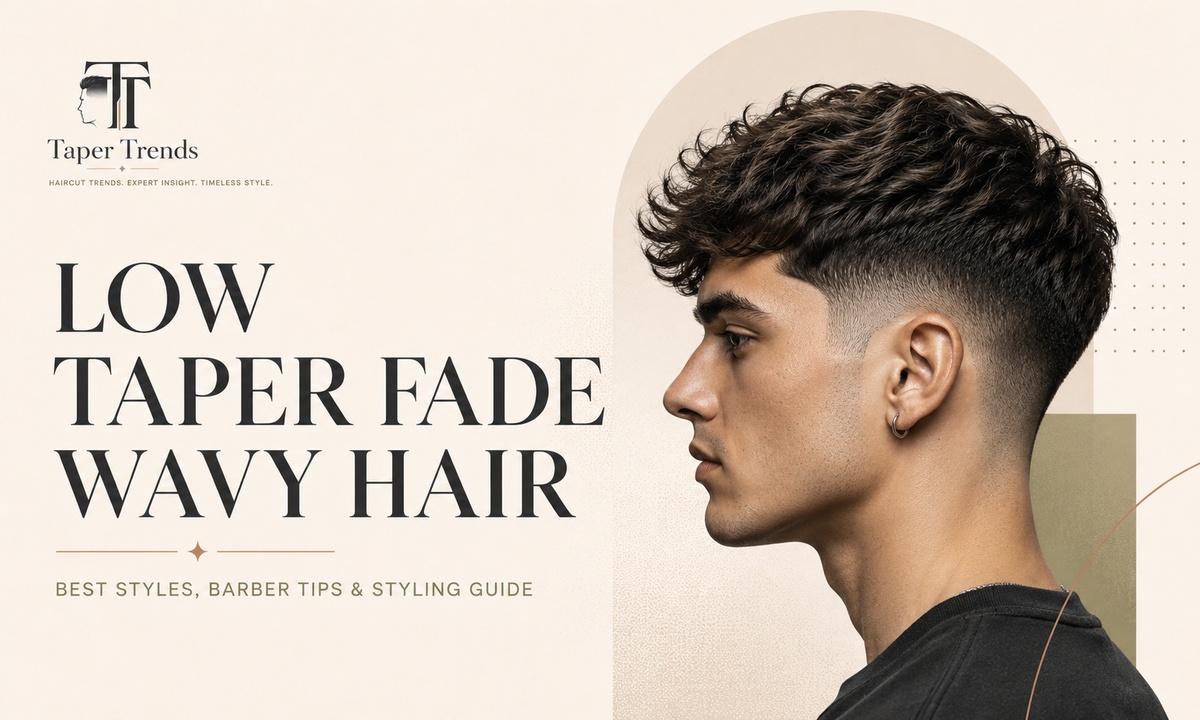 Low taper fade wavy hair — natural waves and length kept on top over sides that fade low and clean around the ears and neckline.