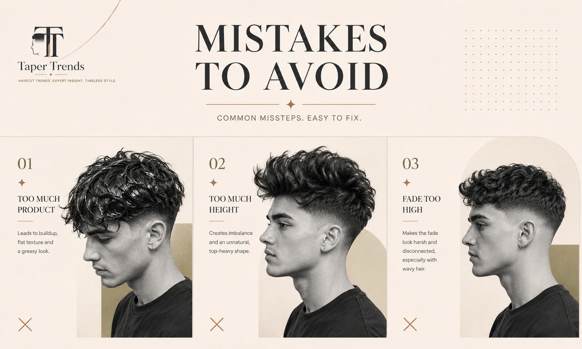 Mistakes to avoid with a low taper fade on wavy hair — cutting the top too short, letting the fade start too high, and using heavy product.