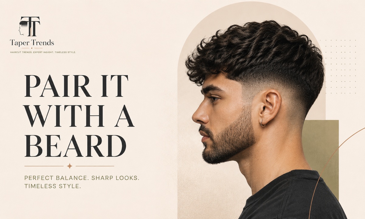 Low taper fade wavy hair paired with a beard, the fade connected into a beard fade for a continuous hair-to-beard transition.