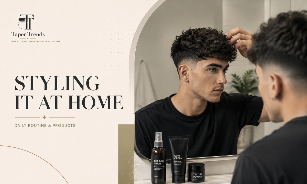 Styling low taper fade wavy hair at home — scrunching sea salt spray and curl cream through damp waves before air drying.