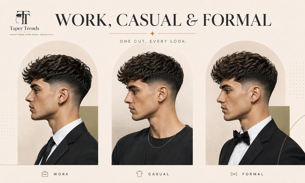 Low taper fade wavy hair styled three ways — a combed side part for formal, finger-styled messy waves for casual, and a neat brushed-back top for work.