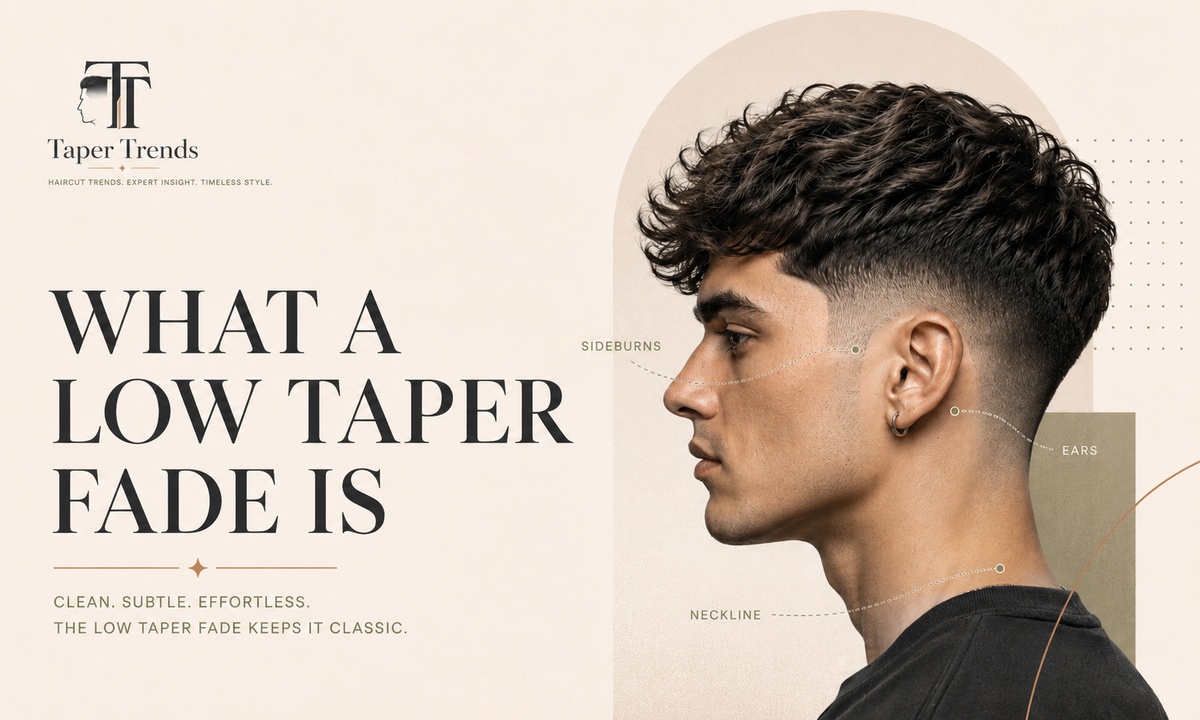 A low taper fade on wavy hair, showing the fade blending low near the ears and neckline while the natural waves keep their length and movement on top.