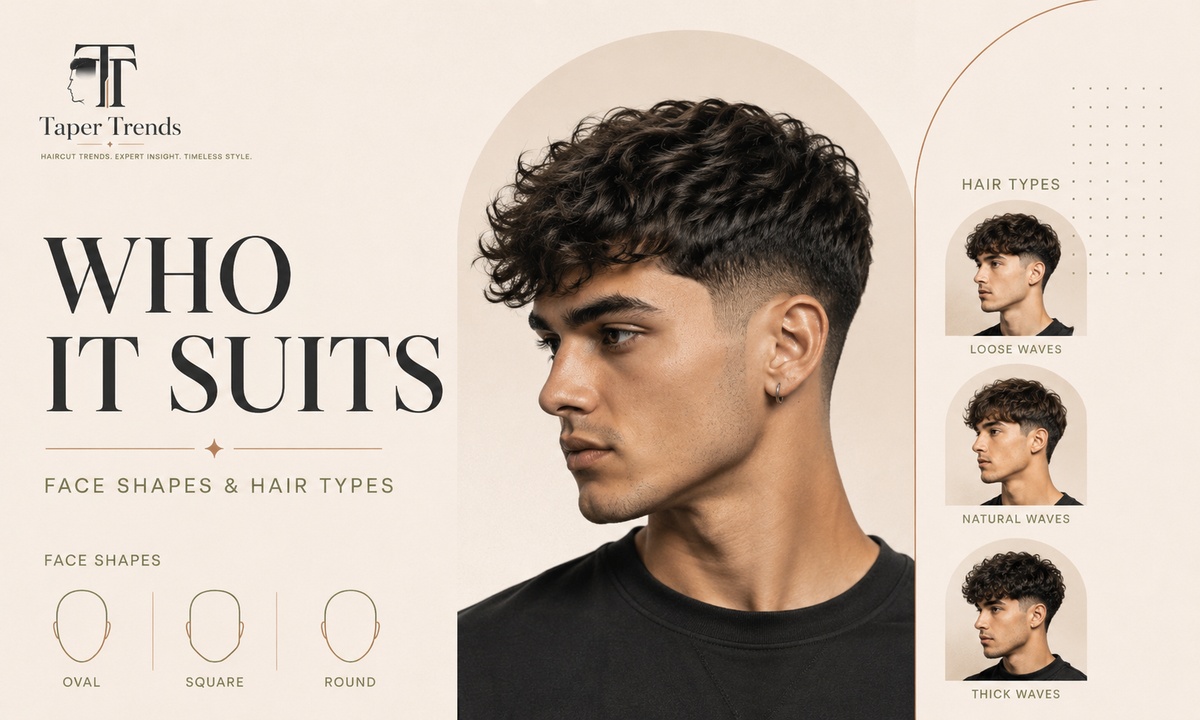 Low taper fade wavy hair shown across face shapes and hair densities, from medium waves to thick, high-movement texture on top.