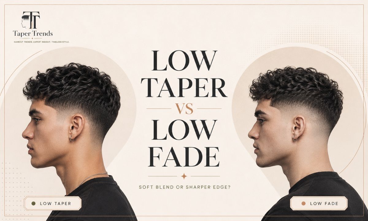Low taper vs low fade — two haircuts side by side, one with a soft blended taper and one with a sharp low fade.