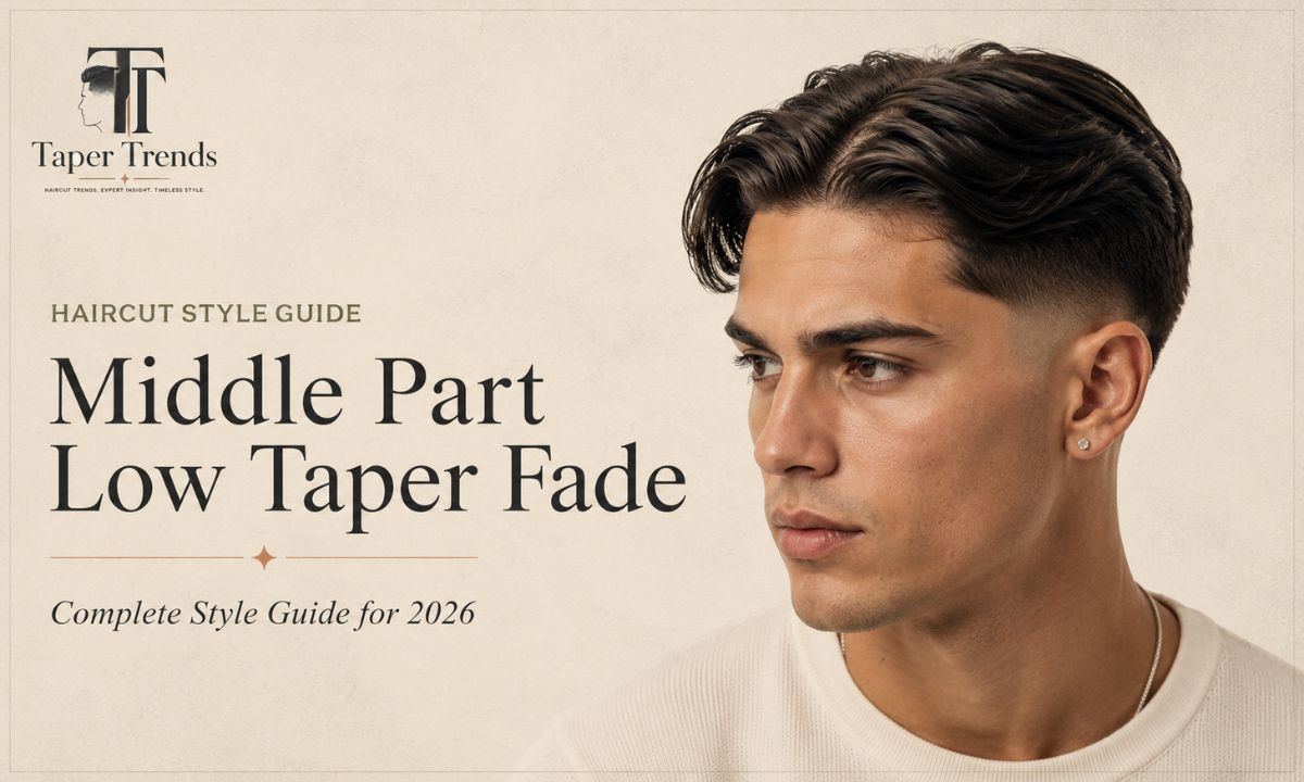 Man with a middle part low taper fade, center-parted top over softly faded sides.