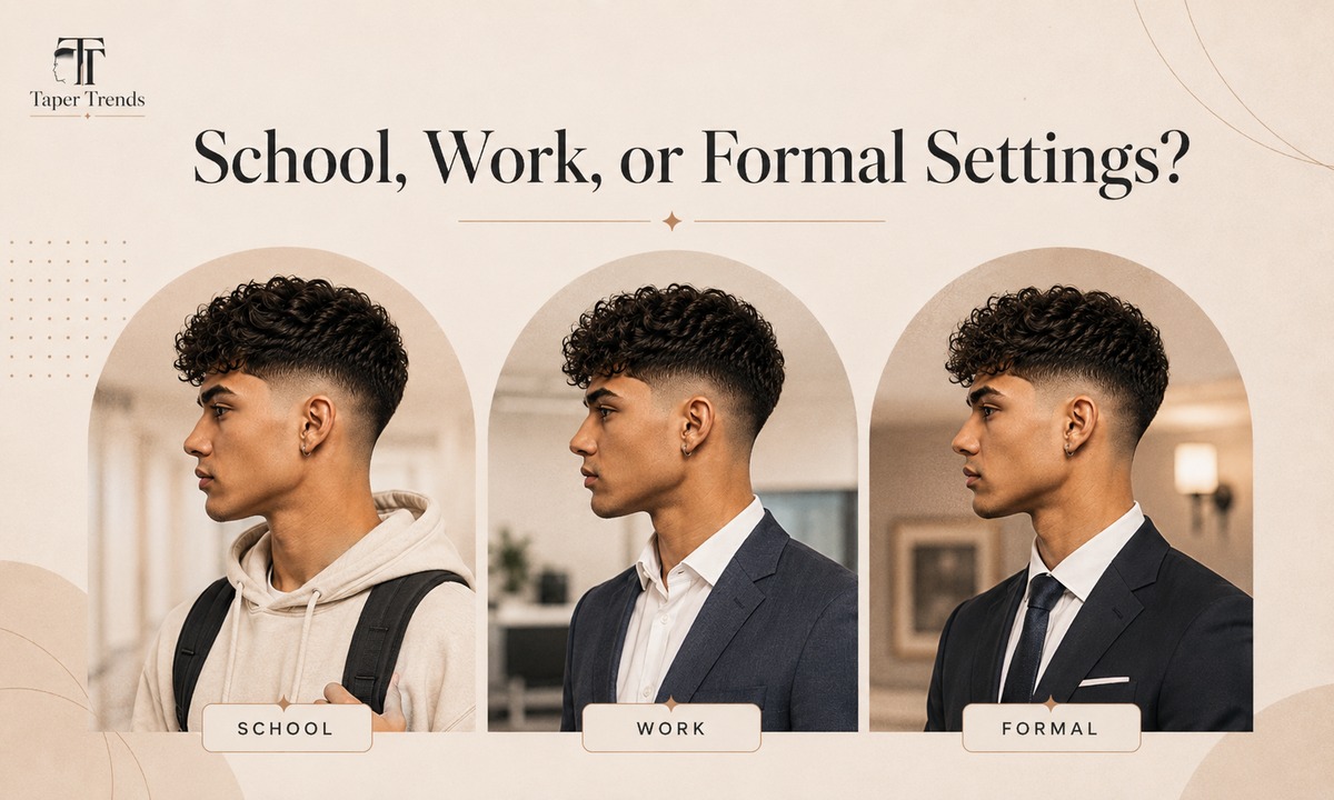 A tidy taper low burst fade with a short top — conservative enough for school, work, or formal settings.
