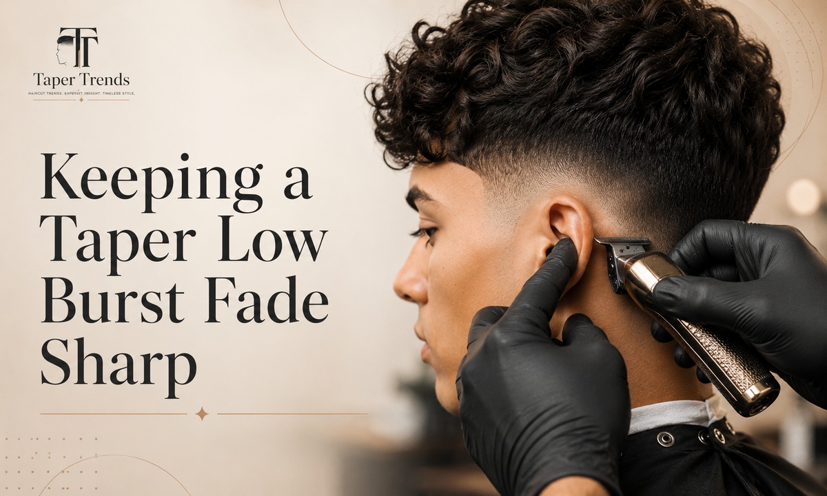 A freshly touched-up taper low burst fade with a crisp curve around the ear and a clean neckline.