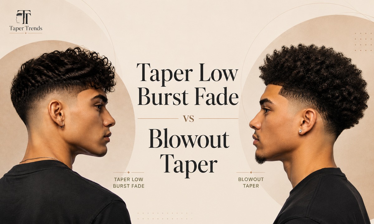 Taper low burst fade vs blowout taper — the curved burst on the left and a blow-dried, voluminous top on the right.