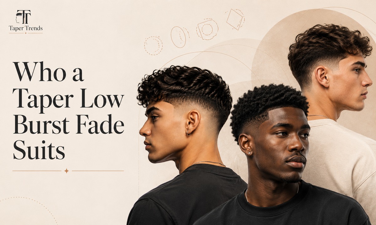 A taper low burst fade shown across different hair types and face shapes, from curly to straight.