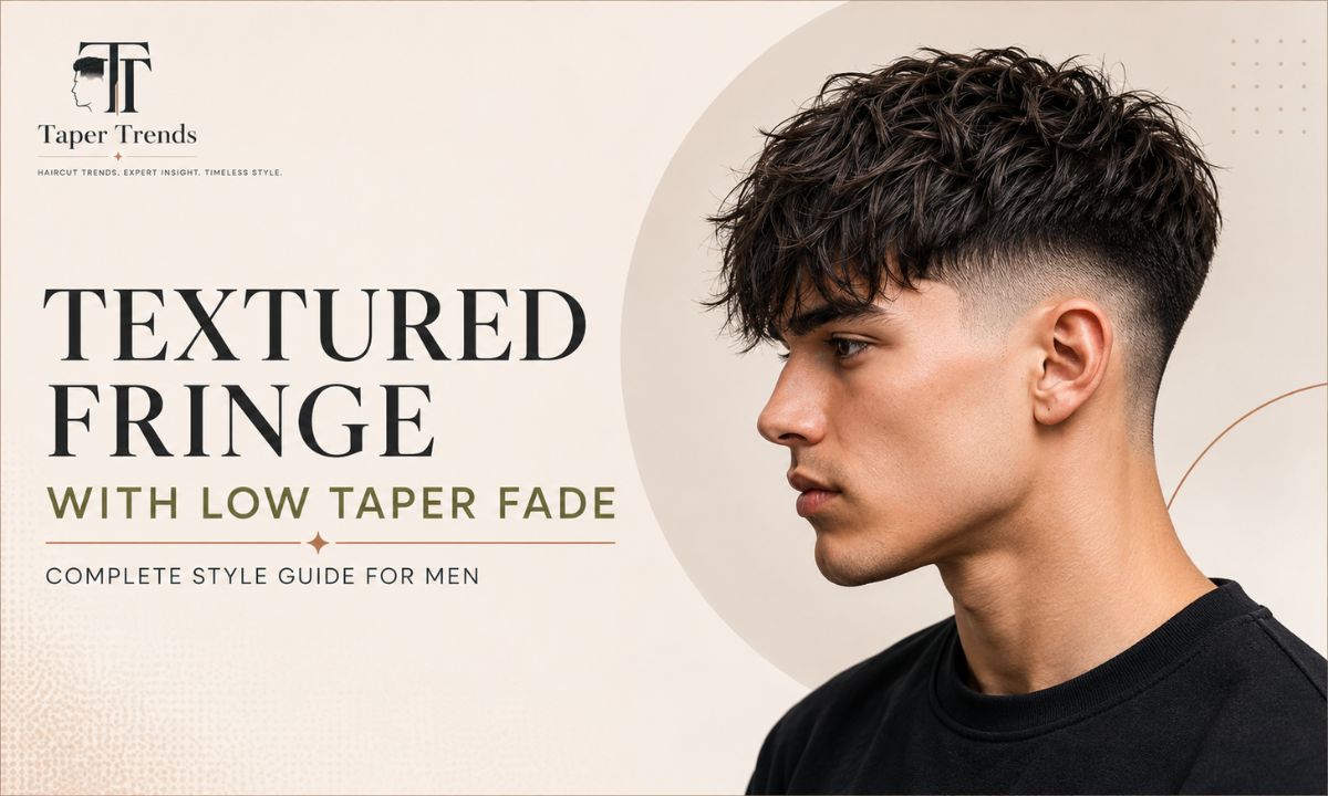 Man with a textured fringe with low taper fade — loose, textured hair on top over softly faded sides.
