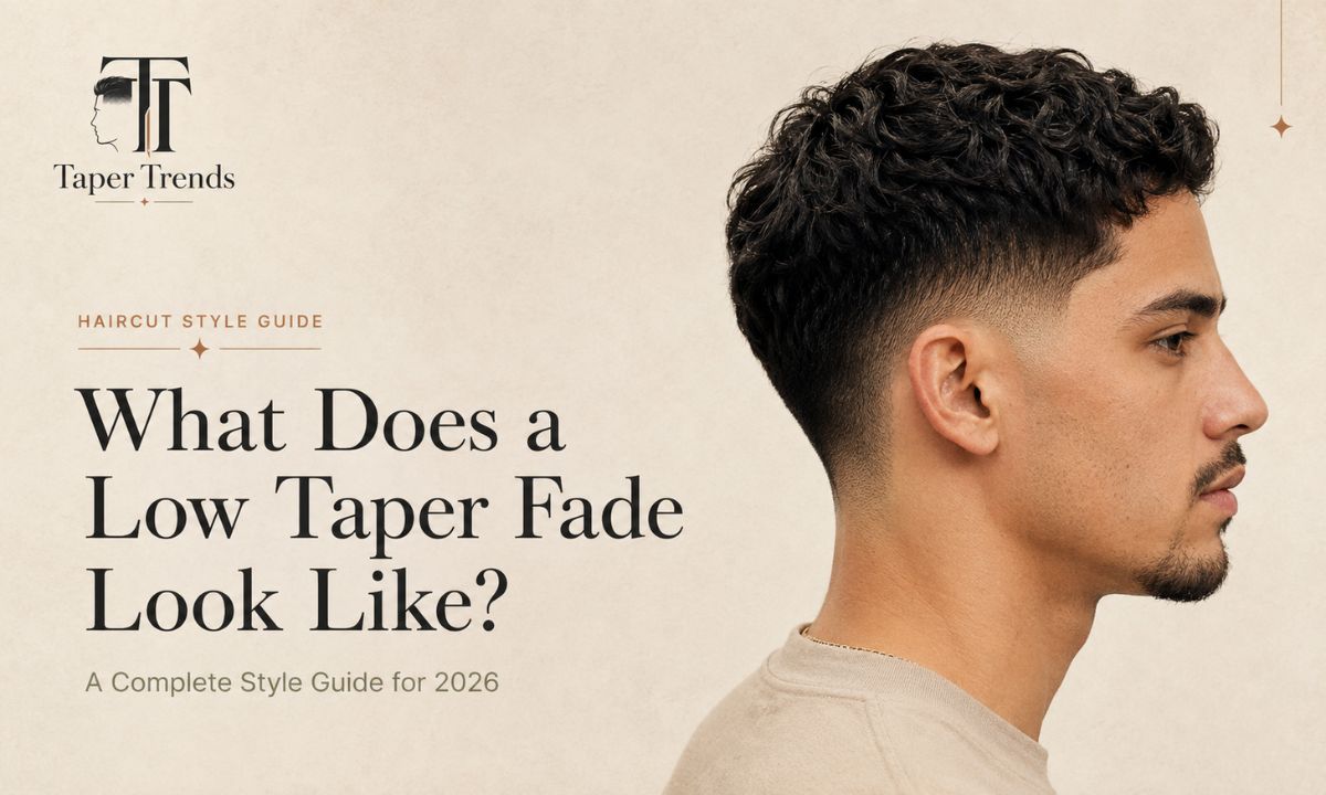 Side profile showing what a low taper fade looks like, blended low around the ear and neckline.