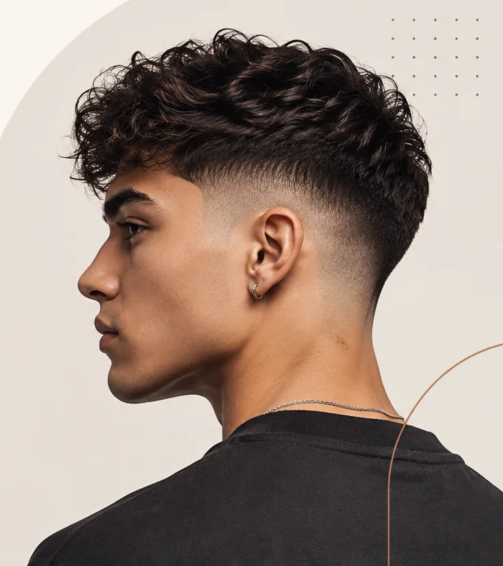 Curly low taper fade haircut, side and back profile.